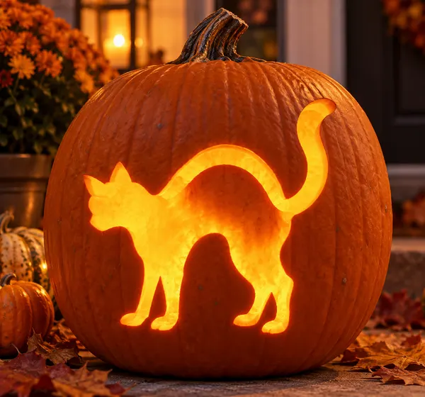 Carved pumpkin with the arched black cat pattern, lit by a candle