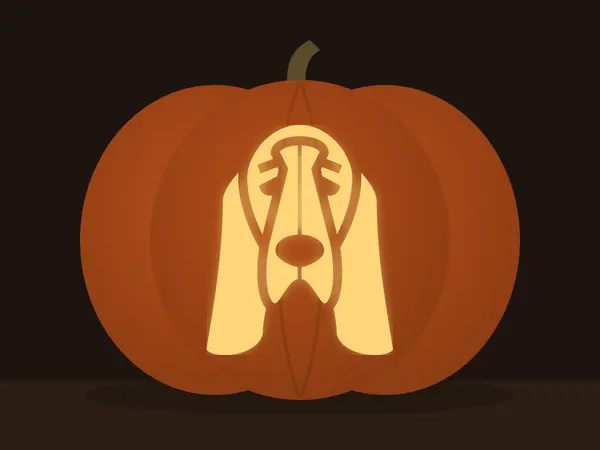 Carved pumpkin with the basset hound pattern, lit by a candle