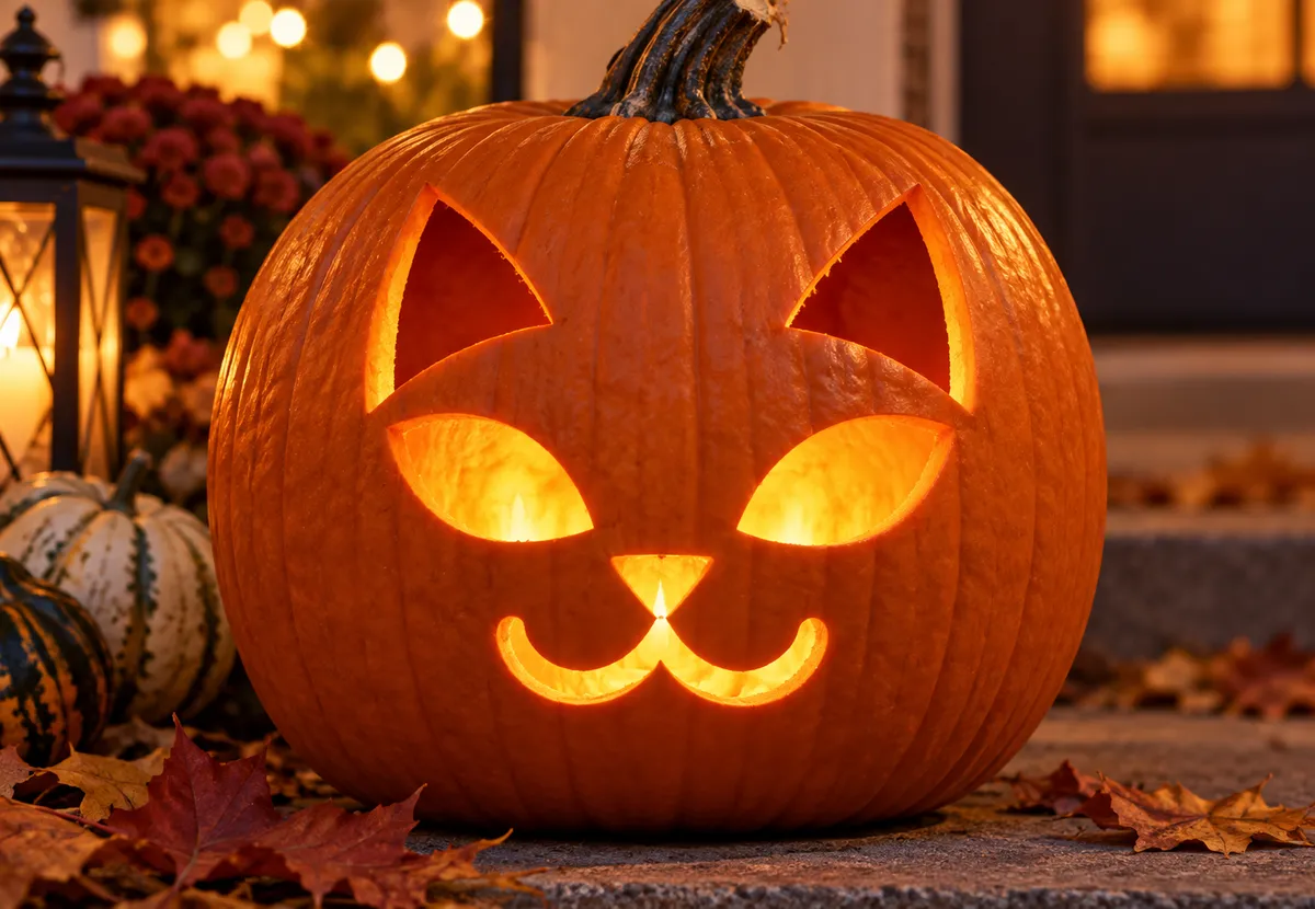 Carved pumpkin with the cat face pattern, lit by a candle