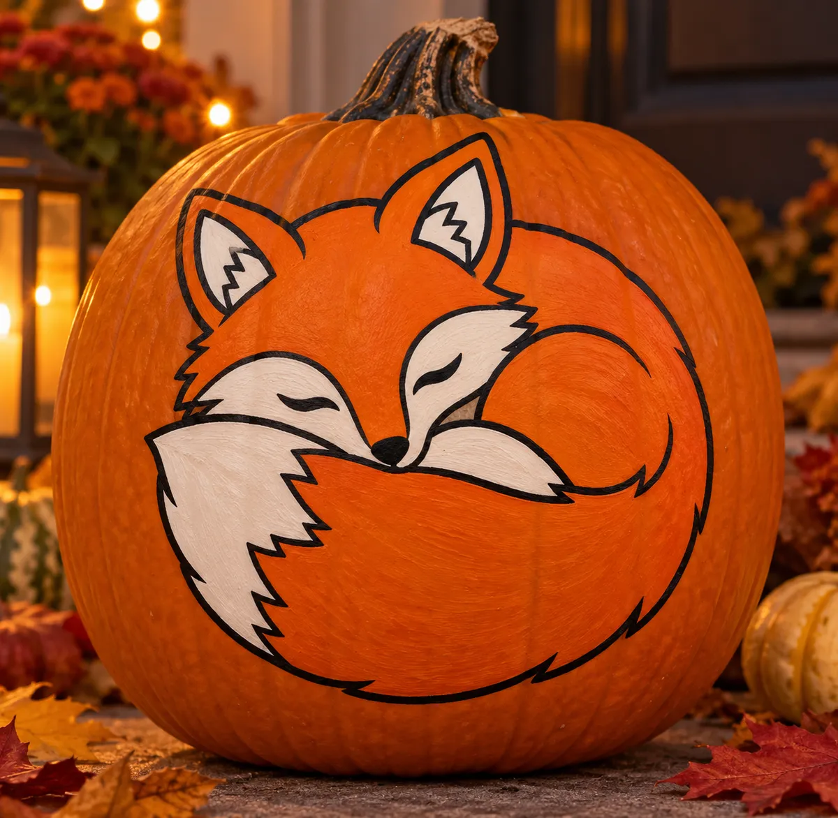 Pumpkin painted with the sleepy fox stencil
