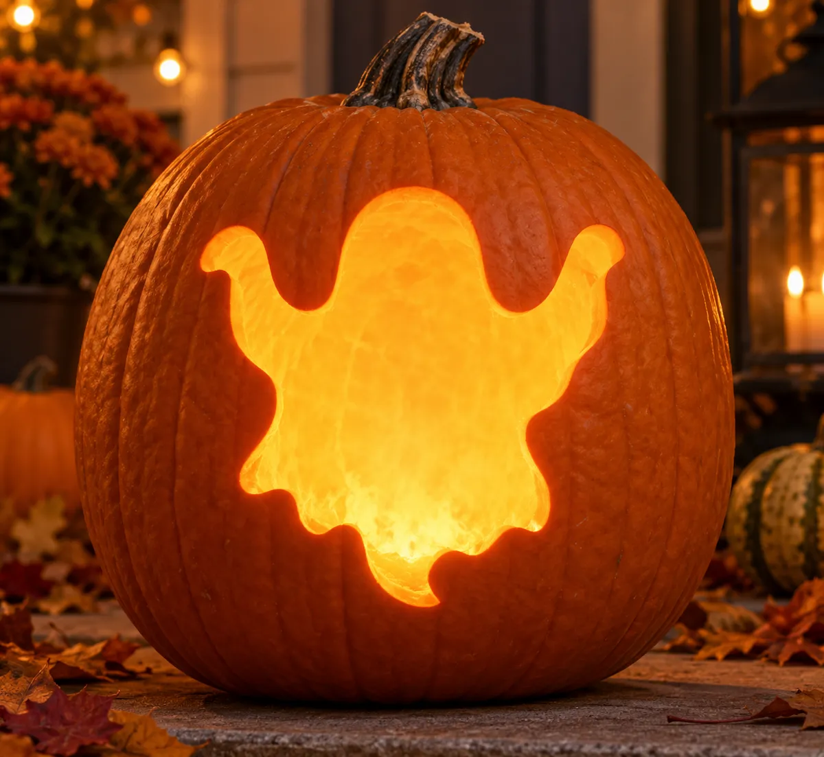 Carved pumpkin with the ghost pattern, lit by a candle