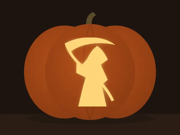Carved pumpkin with the grim reaper pattern, lit by a candle