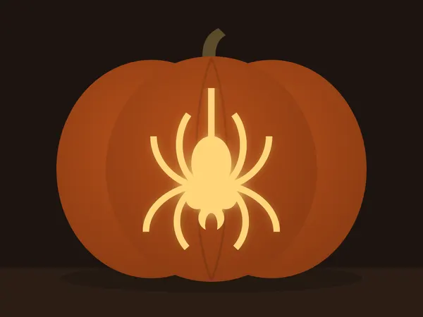 Geschnitzter Kürbis mit dem Motiv „Spinne auf einem Faden“, von einer Kerze beleuchtet