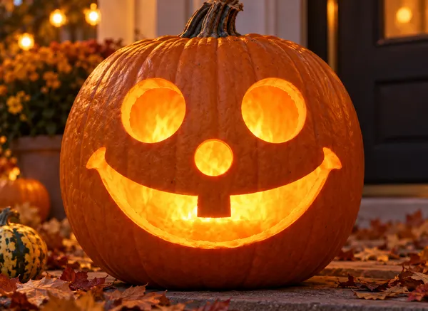 Carved pumpkin with the happy face pattern, lit by a candle