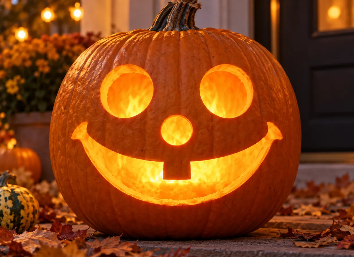 Carved pumpkin with the happy face pattern, lit by a candle