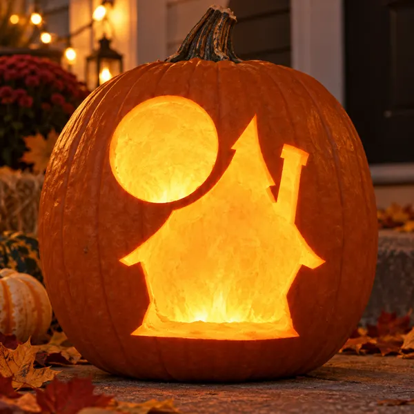 Carved pumpkin with the haunted house pattern, lit by a candle