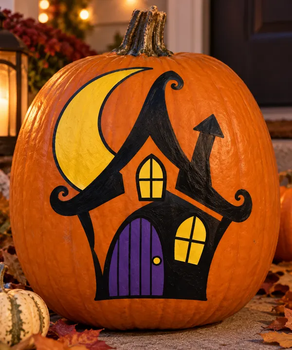 Pumpkin painted with the haunted house stencil