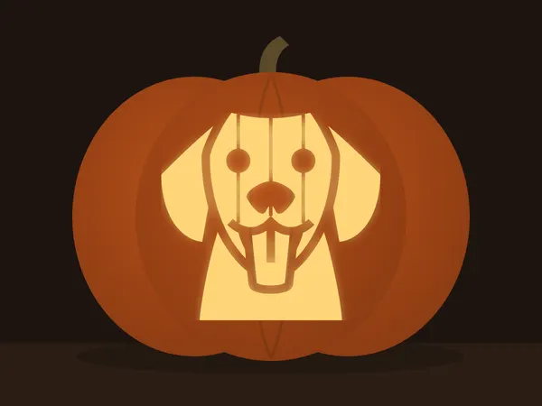 Geschnitzter Kürbis mit dem Motiv „Labrador“, von einer Kerze beleuchtet