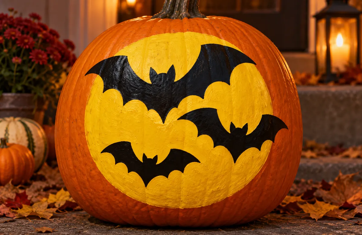 Pumpkin painted with the moon and bats stencil