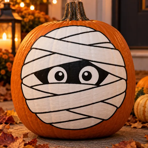 Pumpkin painted with the mummy face stencil