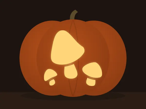 Carved pumpkin with the mushrooms pattern, lit by a candle