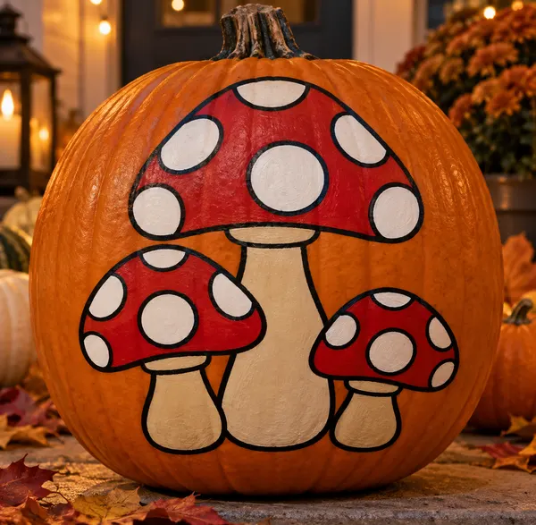 Pumpkin painted with the mushroom trio stencil