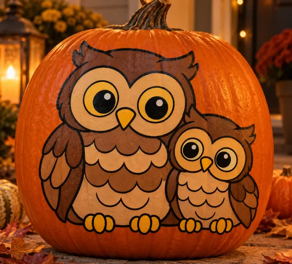 Pumpkin painted with the owl family stencil