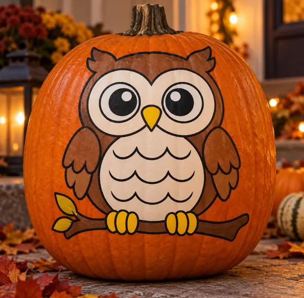 Pumpkin painted with the owl on a branch stencil