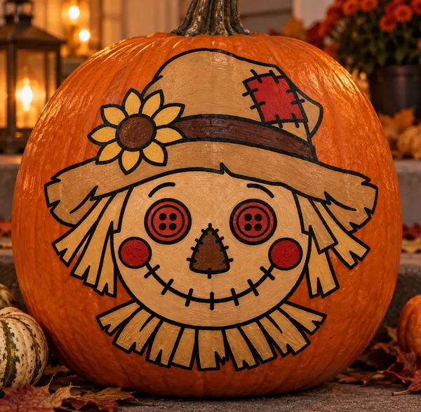 Pumpkin painted with the scarecrow face stencil