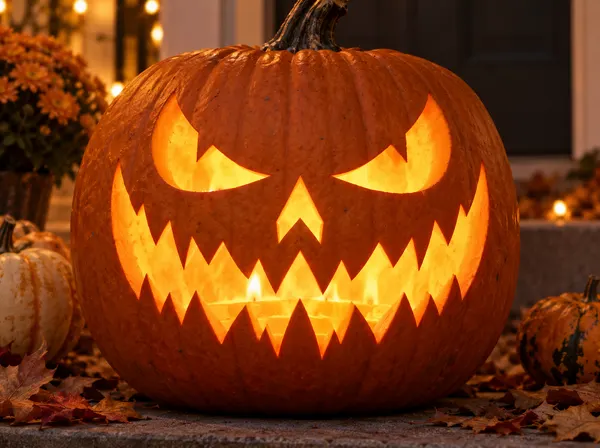 Carved pumpkin with the scary face pattern, lit by a candle