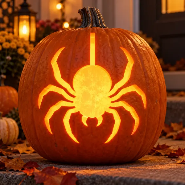 Carved pumpkin with the hanging spider pattern, lit by a candle