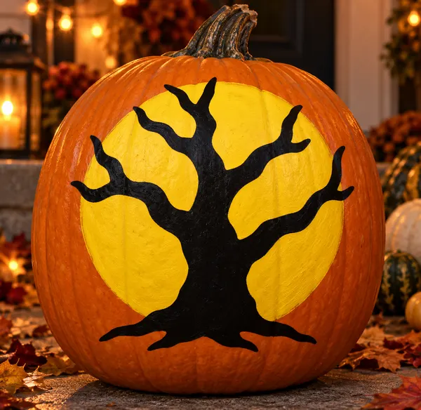 Pumpkin painted with the spooky tree stencil
