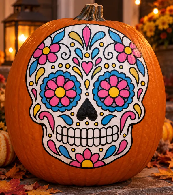 Pumpkin painted with the sugar skull stencil