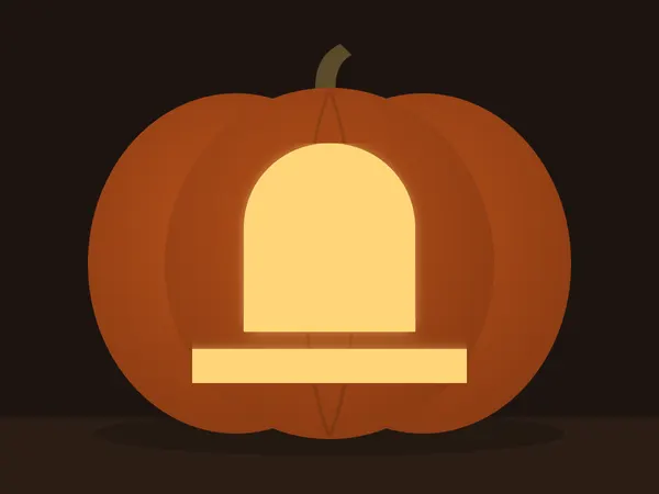 Carved pumpkin with the tombstone pattern, lit by a candle