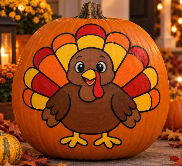 Pumpkin painted with the thanksgiving turkey stencil