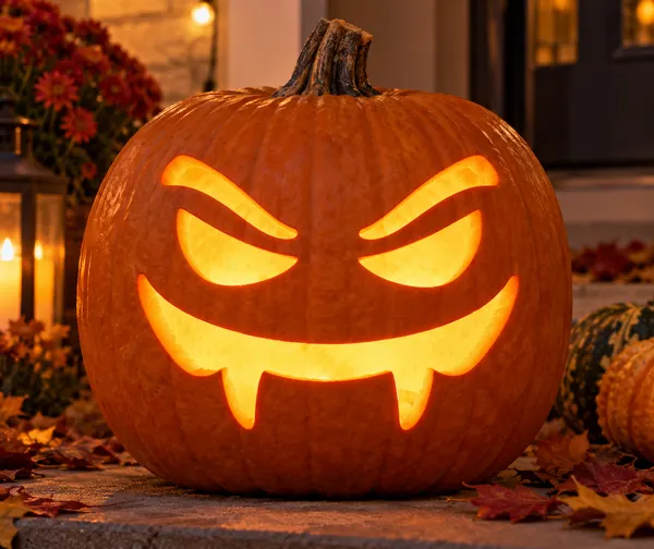 Carved pumpkin with the vampire face pattern, lit by a candle