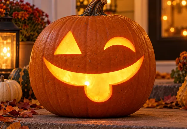 Carved pumpkin with the winking face pattern, lit by a candle