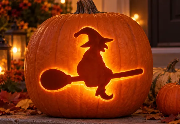 Carved pumpkin with the witch on a broom pattern, lit by a candle